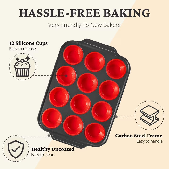 HONGBAKE Silicone Muffin Pan with Metal Frame, Silicone Cupcake Molds 12 Regular Size, Muffin Tin Easy to Pop, Nonstick Egg Bite Molds for Baking, Non Toxic Muffin Tray, Red