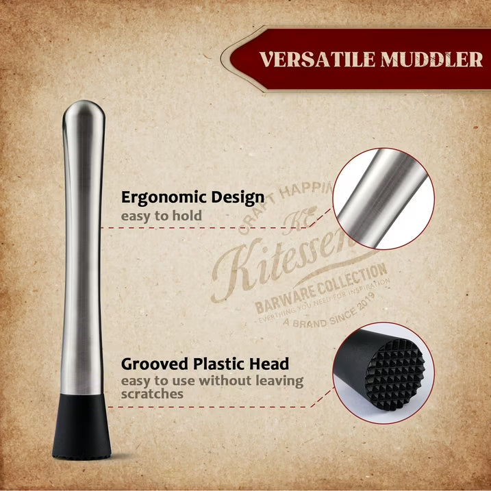 KITESSENSU Muddler and Bar Spoon, 8 Inch Stainless Steel Muddler for Cocktails, Mojitos