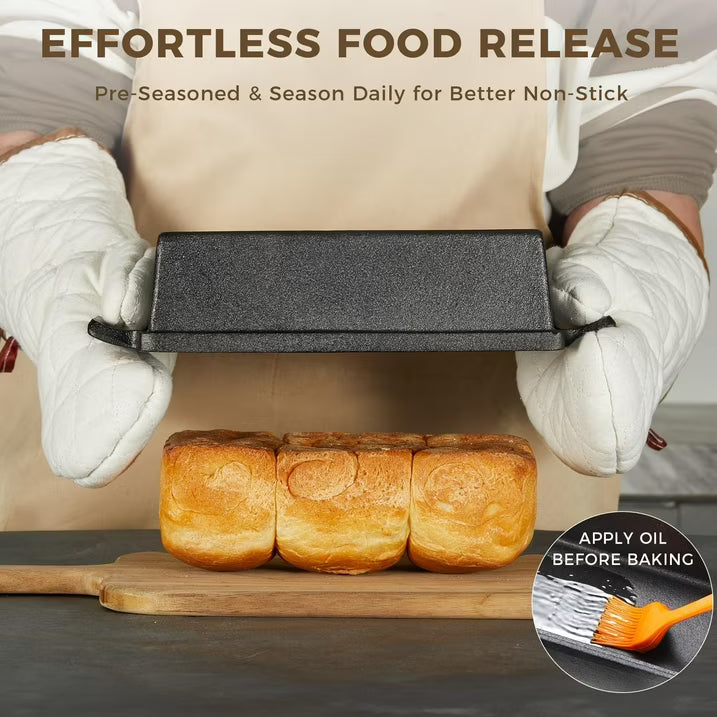 HONGBAKE 2 in 1 Cast Iron Bread Pan with oven mitts, Lid, Lid Lever, 9x5 Loaf Pans for Homemade Bread, Sourdough Baking Pan, Pre-Seasoned Nonstick Rectangular Dutch Oven, Banana Bread Tins, Black