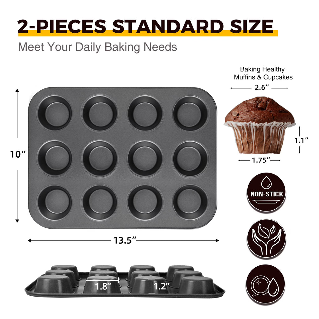HONGBAKE Nonstick Muffin Pan 12-Cup, 2 Pack Carbon Steel Cupcake Pan, 2.75" Diameter Cup Muffin Tins for Baking