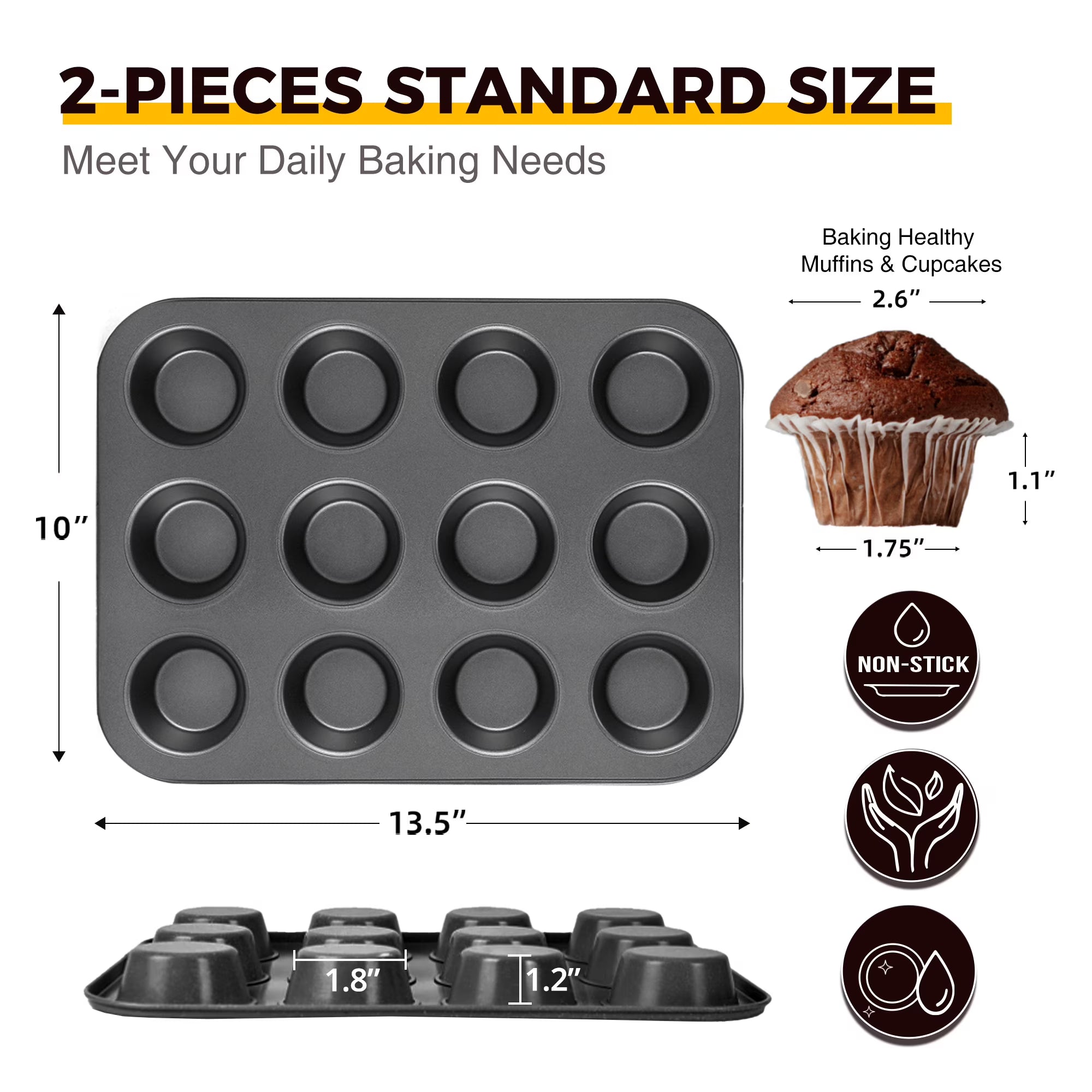 HONGBAKE Nonstick Muffin Pan 12-Cup, 2 Pack Carbon Steel Cupcake Pan, 2.75" Diameter Cup Muffin Tins for Baking