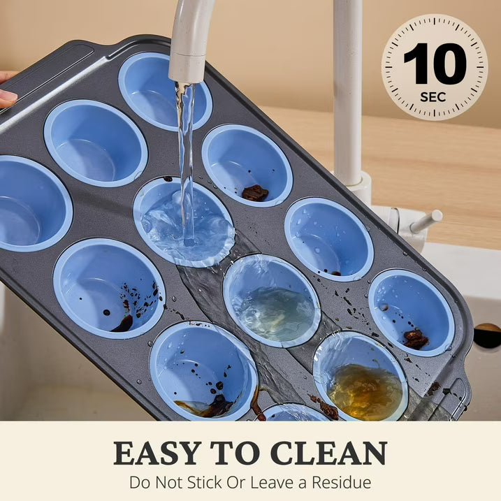 HONGBAKE Silicone Muffin Pan with Metal Frame, 12 Cup Muffin Tin for Cupcakes & Egg Bites, Nonstick Non-Toxic Bakeware, Blue